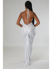 Metallic Ruched Halter Backless Maxi Dress