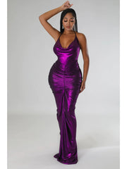 Metallic Ruched Halter Backless Maxi Dress