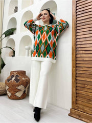 Rhombic Lantern Sleeve Knitted Trouser Sets