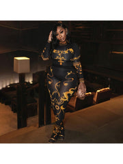 Printed Round Neck Fitted Pants Suit