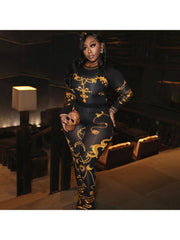 Printed Round Neck Fitted Pants Suit