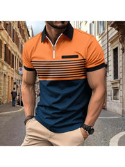 Striped Patchwork Loose Zipper Polo Shirt
