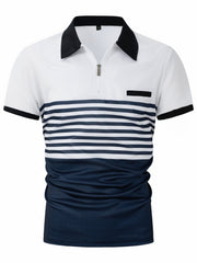 Striped Patchwork Loose Zipper Polo Shirt