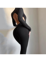 Ruched Backless Long sleeve Bodysuits and Pants Sets