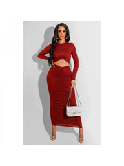 Ruched Crew Neck Cropped Long Sleeves Dress