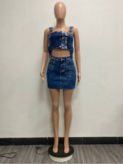 Square Neck Denim Zipper Skirt Sets