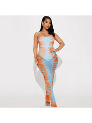 Colorblock See Through Strapless Maxi Dress