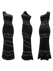 Hotfix Rhinestones Patchwork One-shoulder Maxi Dresses