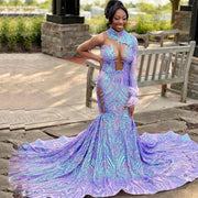 Purple Lace Evening Dresses One Shoulder Long Sleeves robes de soirée Mermaid Prom Dress Birthday Gowns