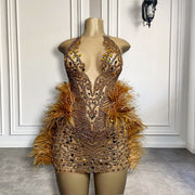 Real Picture Gold Sparkly Diamond Short Prom Dresses Feather Sexy See Through Women Birthday Party Formal Gowns