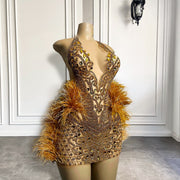 Real Picture Gold Sparkly Diamond Short Prom Dresses Feather Sexy See Through Women Birthday Party Formal Gowns