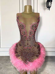 Real Sample Luxury Sheer Sexy See Through Birthday Party Gowns Sparkly Diamond Pink Feather Short Prom Dresses