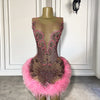 Mannequin Wearing a Pink Feather Sparkly Sheer Sexy See Through Birthday Dress with Crystal Embellishments and Feather Accents, Styled for Luxe Celebrations