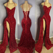 Red Sequined Halter Slit Prom Dress 2024