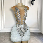 Real Sample Sexy Sheer See Through Luxury Silver Crystals White Feather Mini Short Prom Dresses For Birthday