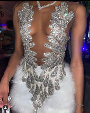 Real Sample Sexy Sheer See Through Luxury Silver Crystals White Feather Mini Short Prom Dresses For Birthday