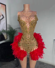 Red Short Prom Dresses Mini Birthday Dress Exquisite Handmade Gold Beads Crystals Sexy Party Gowns