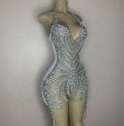 See Through Short Prom Dresses Luxury Beaded Crystals Silver Cocktail Gown For Party