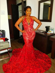 Long Sexy Prom Dress 2023 Halter Mermaid Style Backless Sparkly Red Sequin Prom Gala Gowns