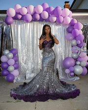 Long Sparkly Prom Dresses 2023 Gorgeous Sweetheart Sexy Mermaid Silver and Purple Sequin Prom Party Gowns