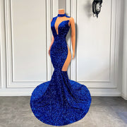 Long Sparkly Prom Dresses 2023 Sexy Mermaid Style High Neck Sheer Mesh Royal Blue Sequin Prom Party Gowns