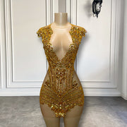Sparkly Sheer Sexy See Through Women Cocktail Birthday Party Gowns Luxury Gold Diamond Short Mini Prom Dresses