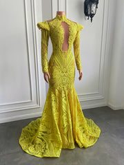 Long Elegant Prom Dresses 2023 See Through Sexy Long Sleeve Sparkly Yellow Sequin Mermaid Prom Gowns