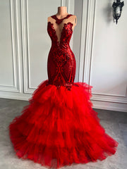 Long Red Prom Dresses 2023 Sexy Mermaid Sparkly Sequined African Black Girls Ruffles Prom Gala Party Gowns