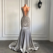 Sexy Sheer See Through Top Women Prom Gowns Luxury Sparkly Diamond Silver Velvet Mermaid Long Prom Dresses