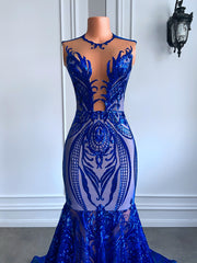 Real Sample Long Prom Dresses 2023 Fitted Mermaid Style Sheer Mesh Royal Blue Sparkly Sequined Women Prom Gala Gowns