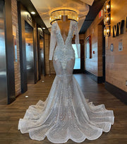 Long Sleeve Prom Dresses Sexy Sparkly Luxury Mermaid Style See Through Silver Diamond Prom Party Gala Gowns