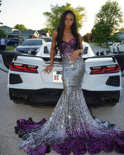 Long Sparkly Prom Dresses 2023 Gorgeous Sweetheart Sexy Mermaid Silver and Purple Sequin Prom Party Gowns