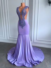 Luxurious Long Prom Dresses Sexy Mermaid Handmade Beaded Diamond Lavender Prom Gala Party Formal Occasion Dress