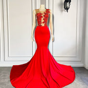 Long Elegant Prom Dresses 2023 Sexy Mermaid Sheer Beaded Embroidery Red Spandex Short Prom Gowns