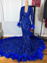 Luxury Long Sleeve Prom Dresses 2023 V-neck Mermaid Style Feather Royal Blue Sequined Feather Prom Gala Party Gowns