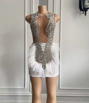 Luxury Sheer Mesh Silver Crystal White Feather Elegant Rhinestone Short Cocktail Dresses For Women