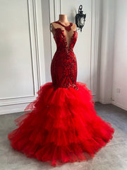 Long Red Prom Dresses 2023 Sexy Mermaid Sparkly Sequined African Black Girls Ruffles Prom Gala Party Gowns