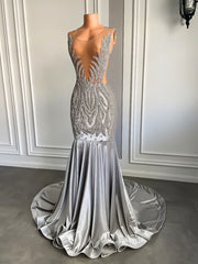 Sexy Sheer See Through Top Women Prom Gowns Luxury Sparkly Diamond Silver Velvet Mermaid Long Prom Dresses