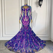Long Prom Dresses 2022 High Neck Sexy Long Sleeve Sparkly Purple Sequin Fitted Prom Gala Gowns For Party