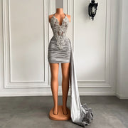 V-neck Sheer Beaded Embroidery Women Birthday Party Gowns Silver Velvet Sequined Short Prom Dresses