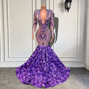 Long Sleeve Prom Dresses 2023 V-neck Sparkly Sequined Mermaid Fitted Lavender Prom Gowns