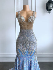 Sparkly Light Blue Mermaid Prom Dress with Silver Crystals