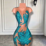 Sexy Sheer See Through Women Cocktail Birthday Party Gowns Blue Crystals Short Prom Dresses 2023