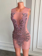Sparkly Sheer Mesh Women Cocktail Dress Pink Crystals Mini Short Prom Dresses Birthday Party Gowns