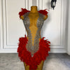 Mannequin Wearing a Ravishing Red Rhinestone Feather Birthday Dress with Crystal Embellishments and Feather Accents, Styled for Luxe Celebrations