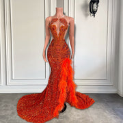 Feather Luxury Orange Mermaid Prom Dress