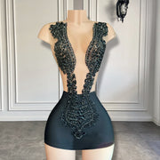 Luxury See Through Black Spandex Short Prom Dresses Luxury Crystals Diamond Women Birthday Cocktail Party Formal Gowns