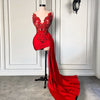 Mannequin Wearing a Red Elegant Halter Mini Birthday Dress with Side Train and Draped Detailing, Styled for Luxe Celebrations