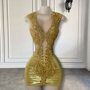 New Arrival Black Girls Birthday Party Gowns Sheer Beaded Crystals Women Gold Mini Short Prom Dresses 2023