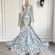 Fitted Long Elegant Prom Dresses 2023 Sheer O-neck Long Sleeve 3D Flowers Silver Sequin Mermaid Prom Party Gowns